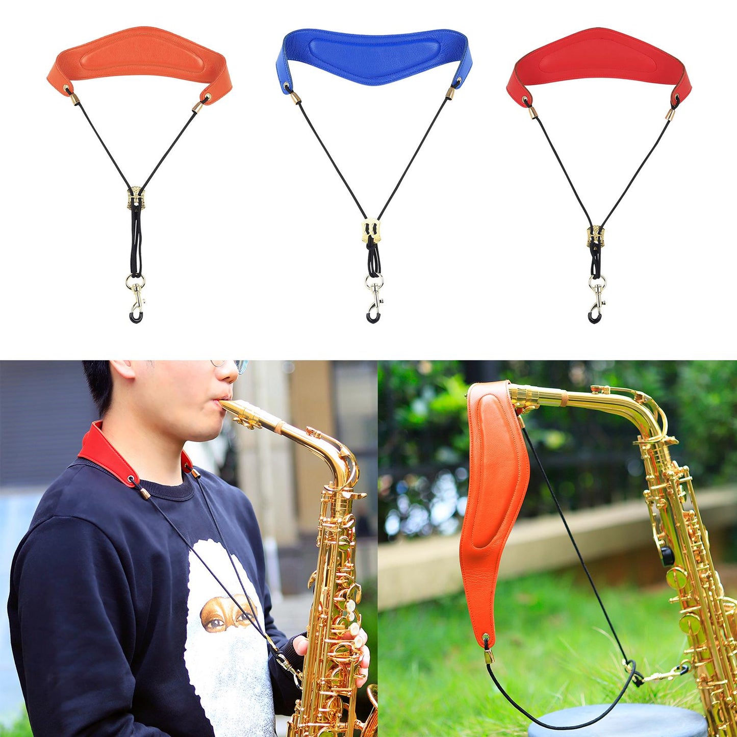 Metal Buckle Leather Saxophone Strap Adjustable Neck Strap Belt Soft Blue