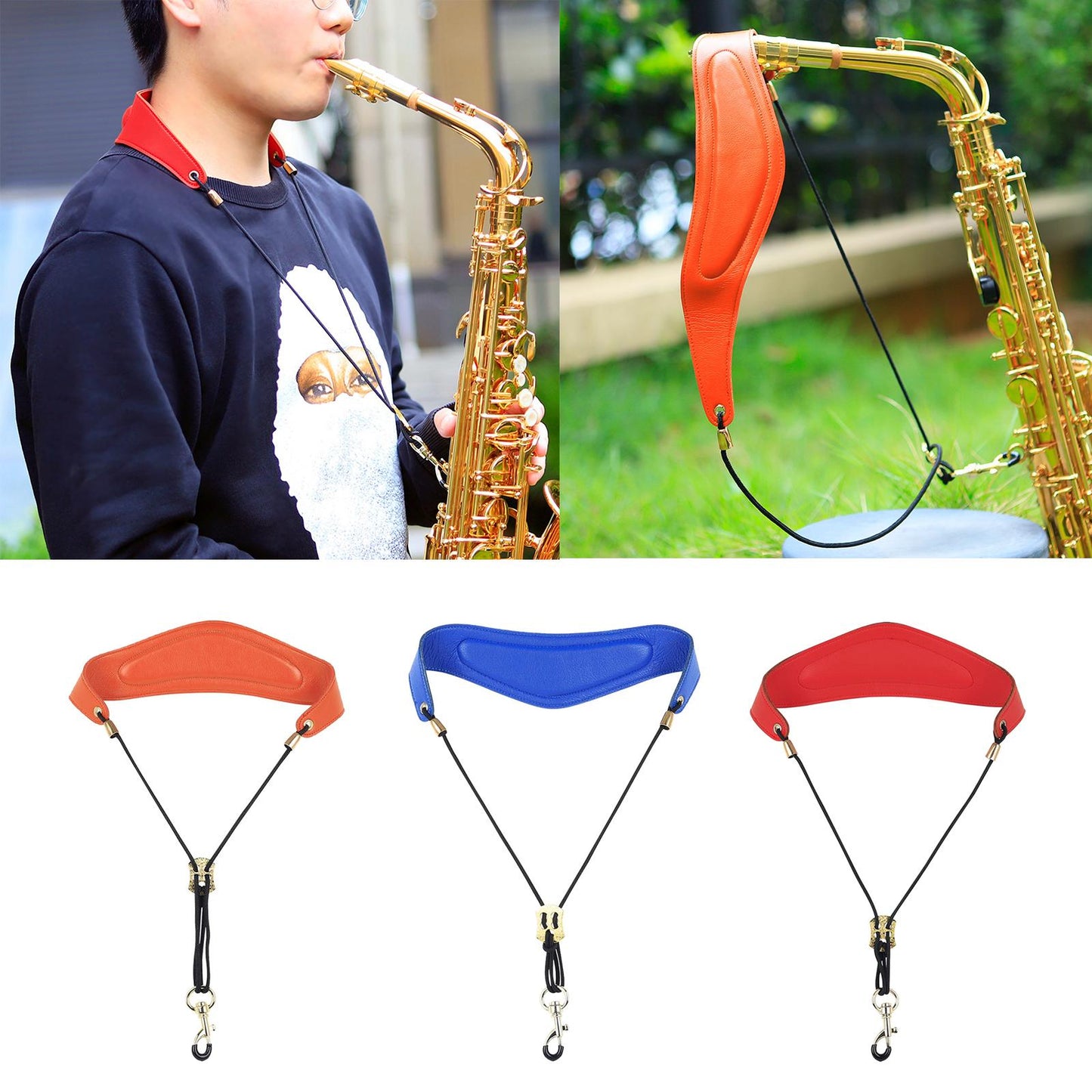 Metal Buckle Leather Saxophone Strap Adjustable Neck Strap Belt Soft Blue