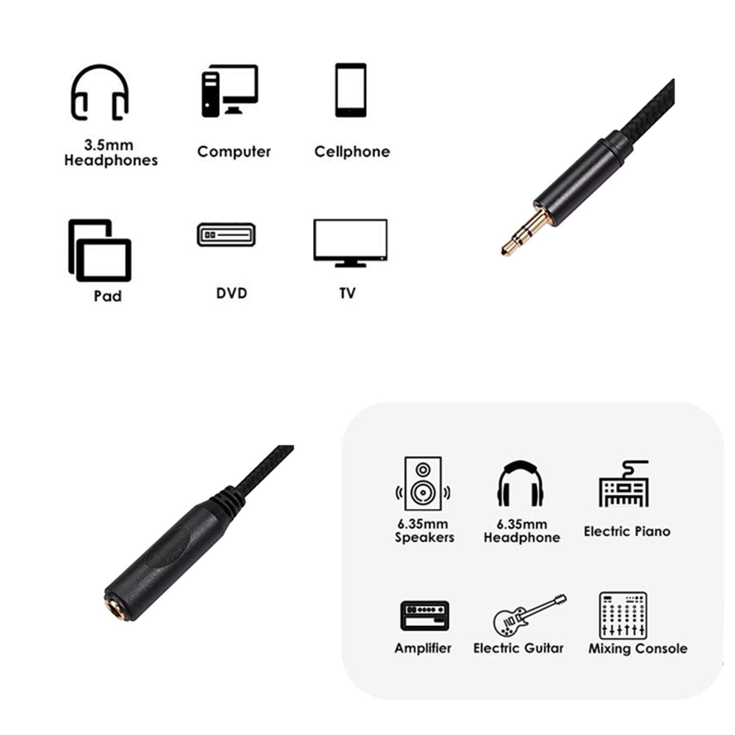 3.5mm Male to 6.35mm Female Stereo Audio Jack Pure Copper Adapter 1.5 meter