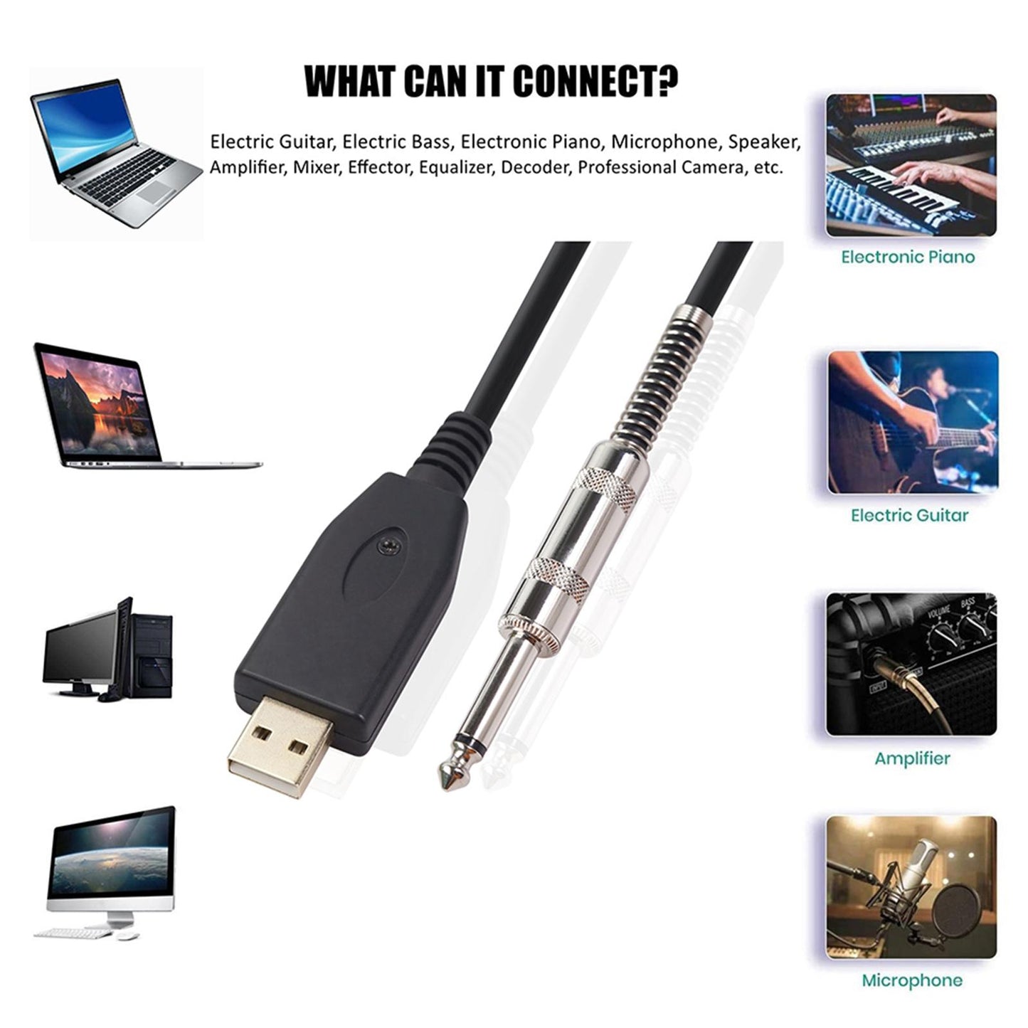 2M Guitar Bass 1/4'' 6.35mm Jack To USB Link Instrument Cable Adapter