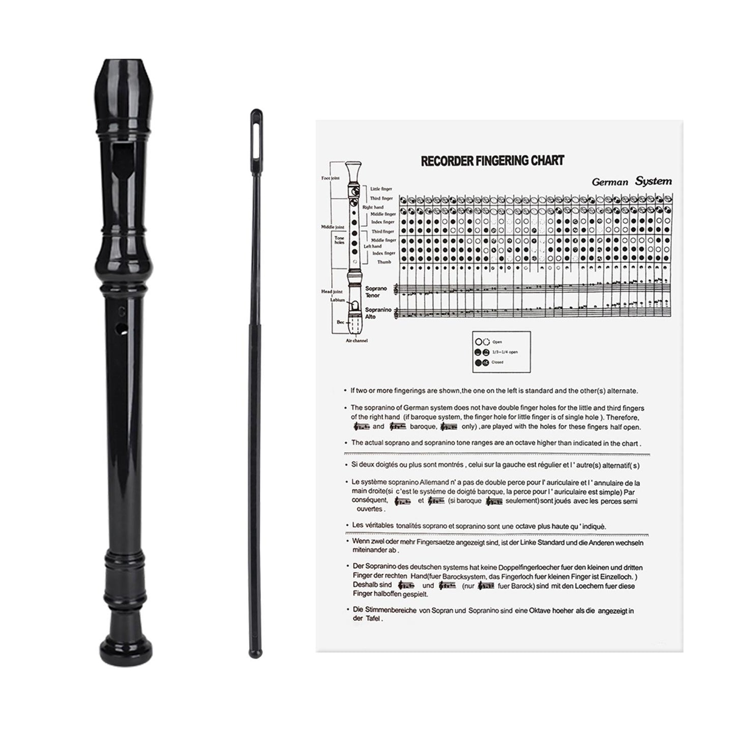 German Style Soprano Recorder Key of G Descant w/ Cleaning Rod Black
