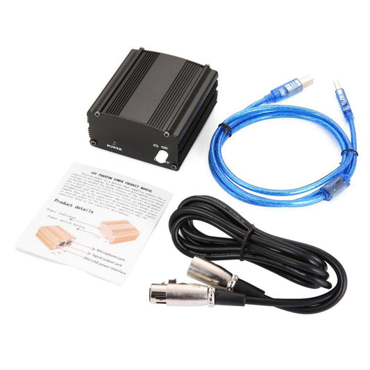 48V Phantom Power Supply with XLR 3 Pin Microphone Cable for Mic Black