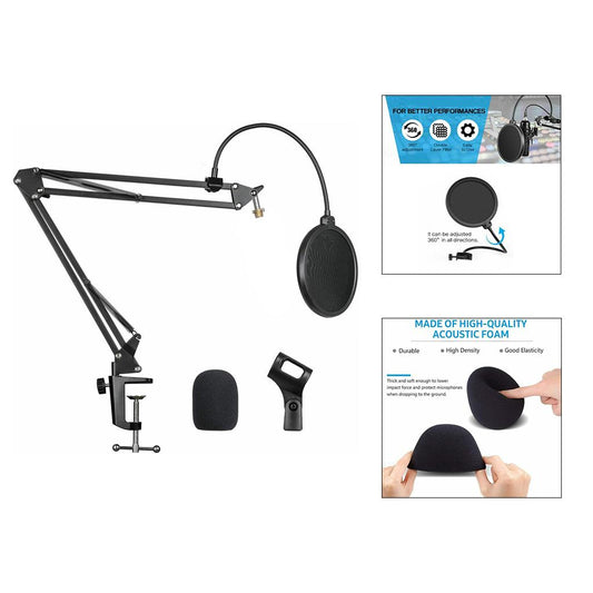 Table Clamp Microphone Suspension Scissor Boom Bracket Stand with Pop Filter