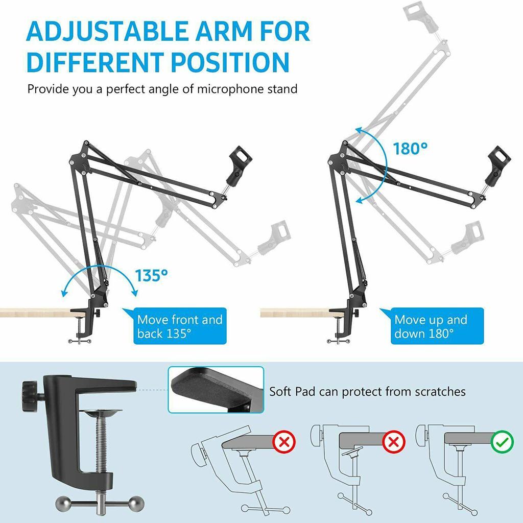Table Clamp Microphone Suspension Scissor Boom Bracket Stand with Pop Filter