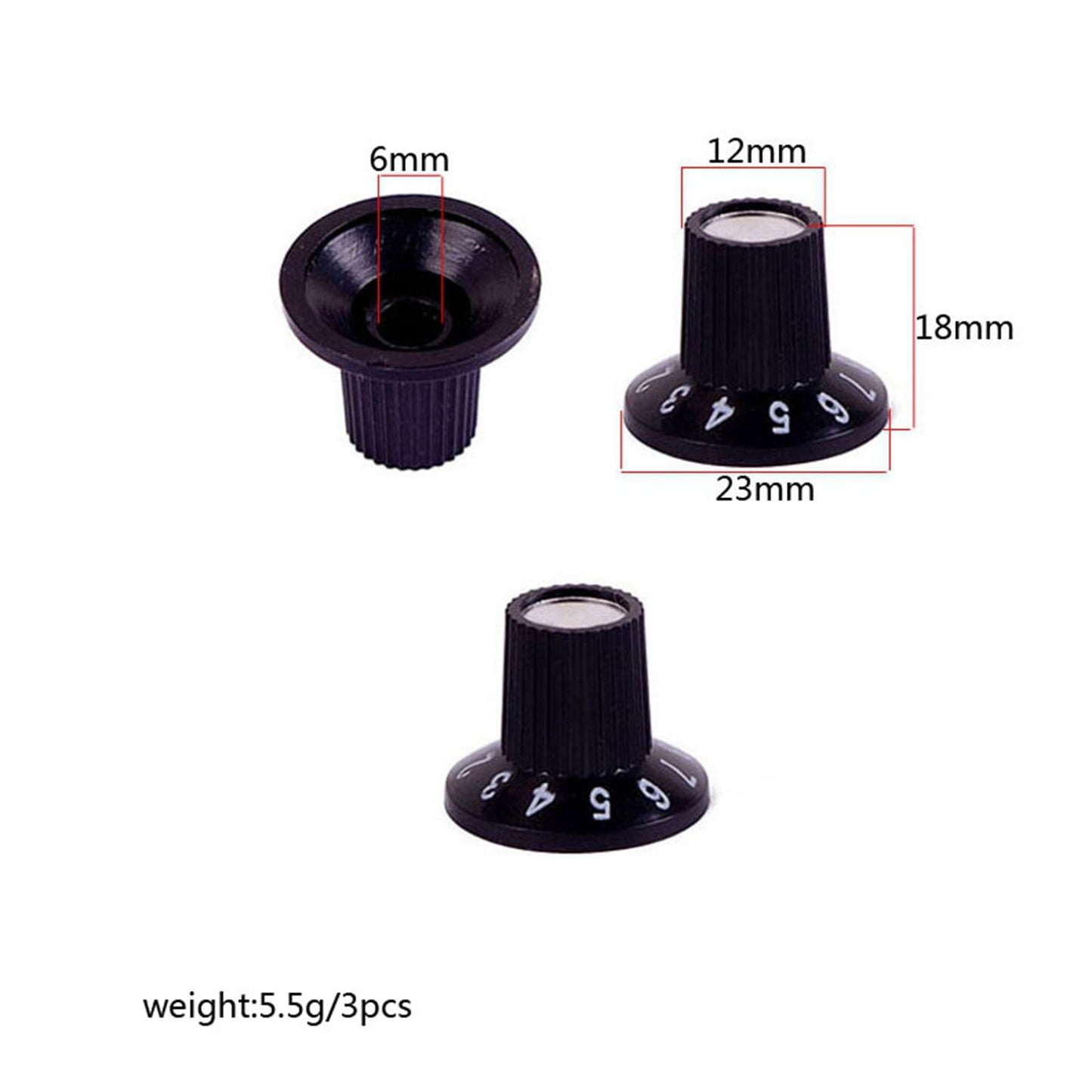 3pcs Black Guitar Top Hat Knobs Amp Control Knob Set 6mm Shaft Pot Knob
