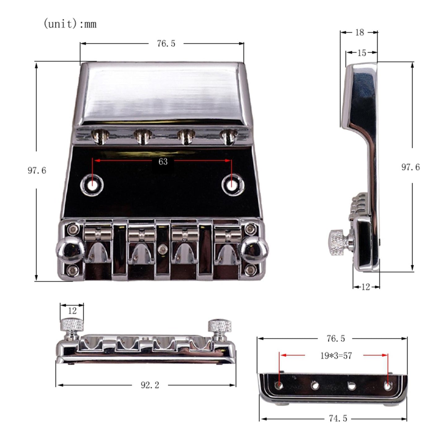 4 String Hard Tail Hardtail Fixed Bass Guitar Bridge Parts Accessory