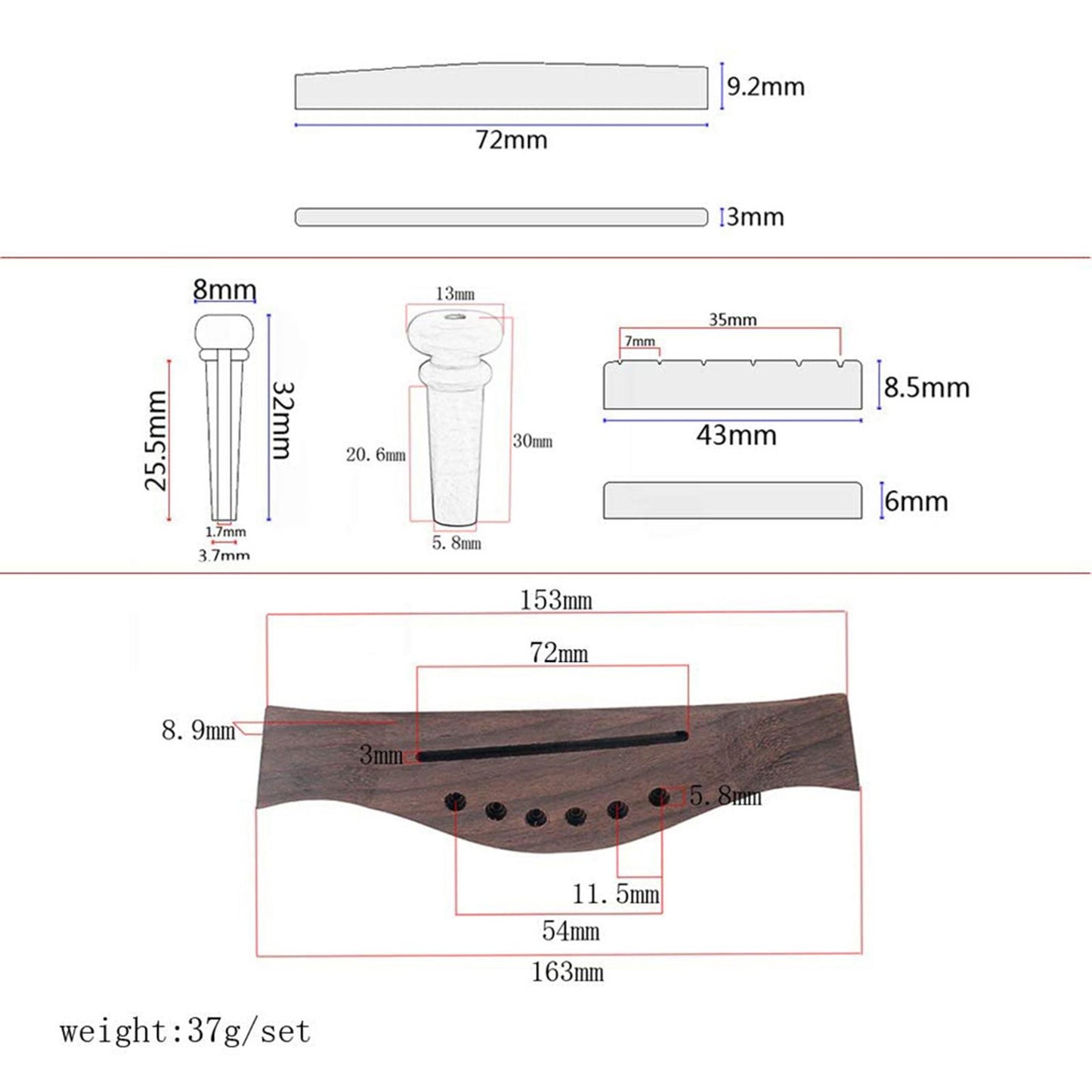 Wooden Acoustic Guitar Bridge with 6 Pins Pegs Nut Saddle Repairing Parts