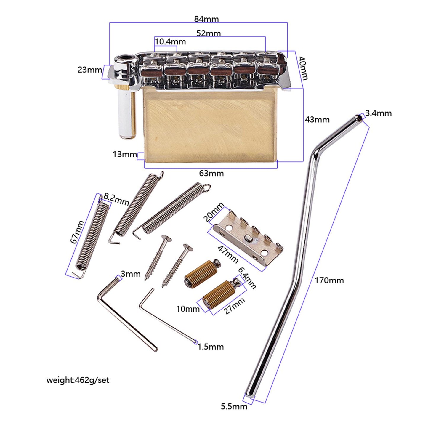Chrome Stainless Steel Tremolo Bridge + Saddles Brass Block
