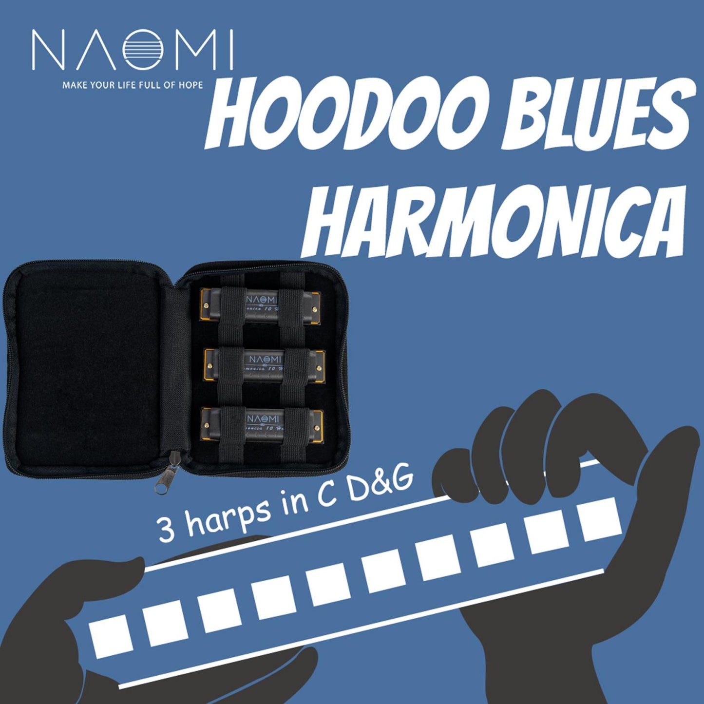 Portable 10-Hole Diatonic Blues Harmonica Key of C D G 3 Tone
