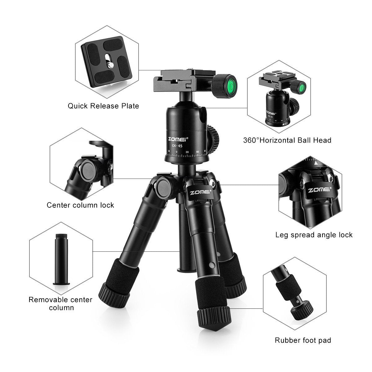 ZOMEI CK45 Camera Live Tripod Aluminum Flexible Mini Tabletop Tripe and Phone Holder for Smartphone DSLR Camera Video - Black