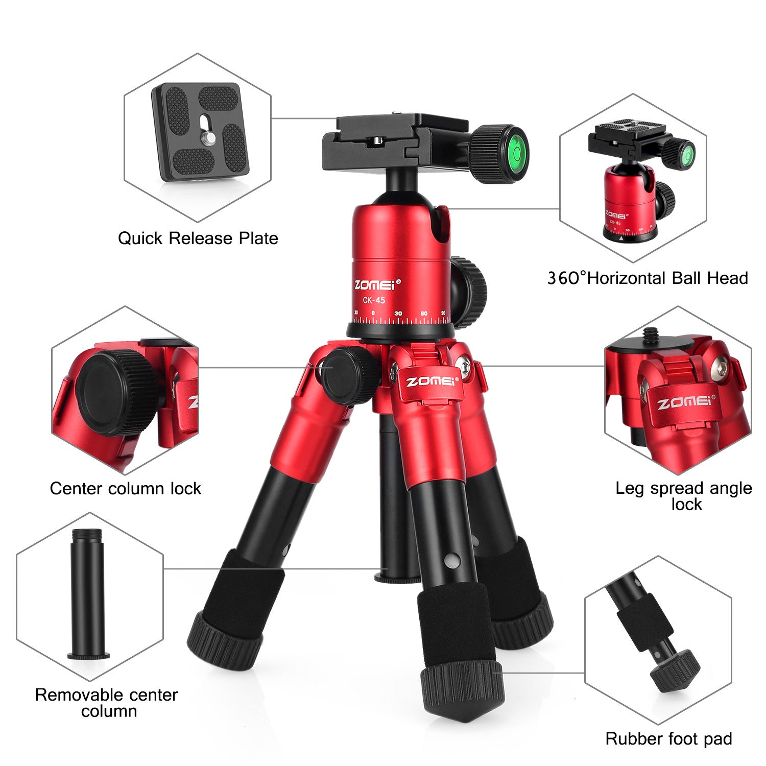 ZOMEI CK45 Camera Live Tripod Aluminum Flexible Mini Tabletop Tripe and Phone Holder for Smartphone DSLR Camera Video - Red