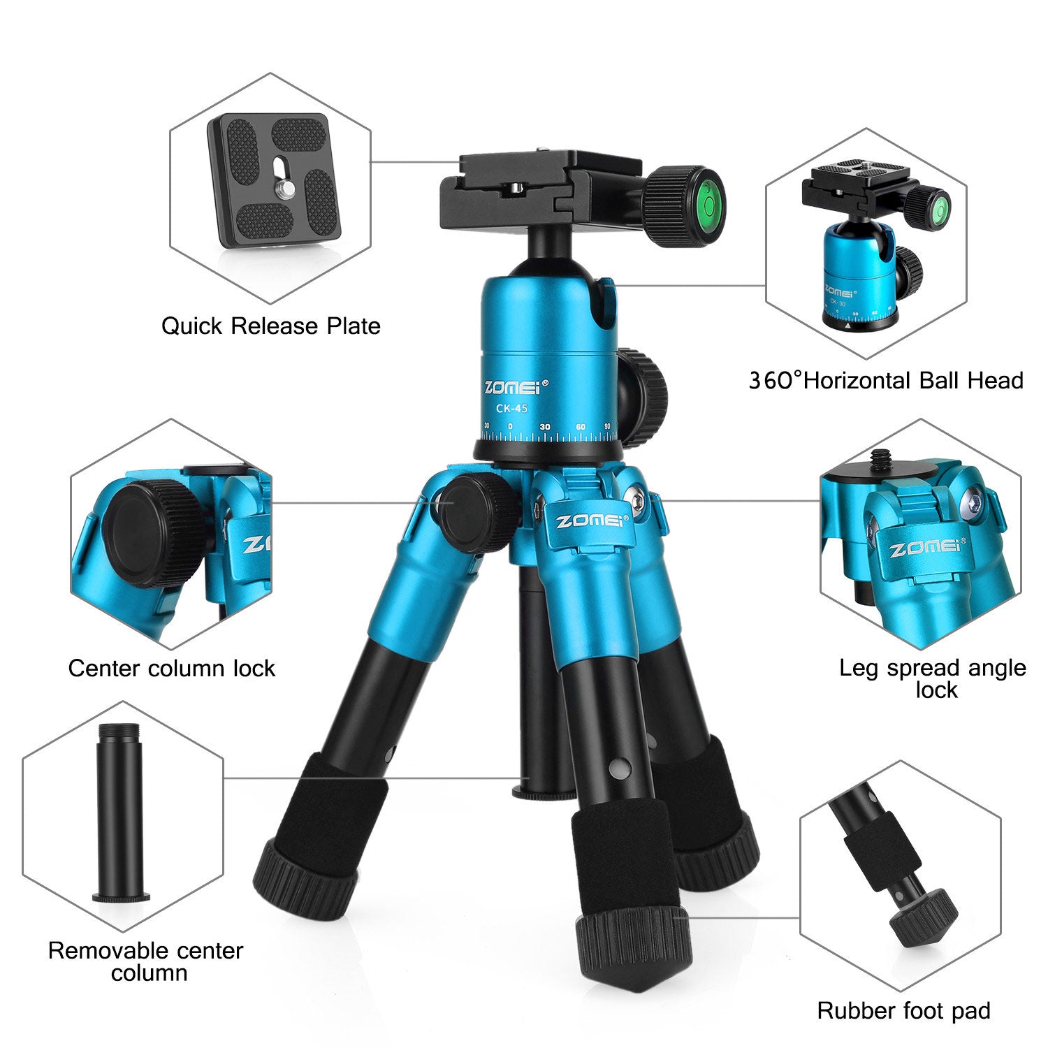 Zomei CK45 Camera Live Tripod Aluminum Flexible Mini Tabletop Tripe and Phone Holder for Smartphone DSLR Camera Video - Blue
