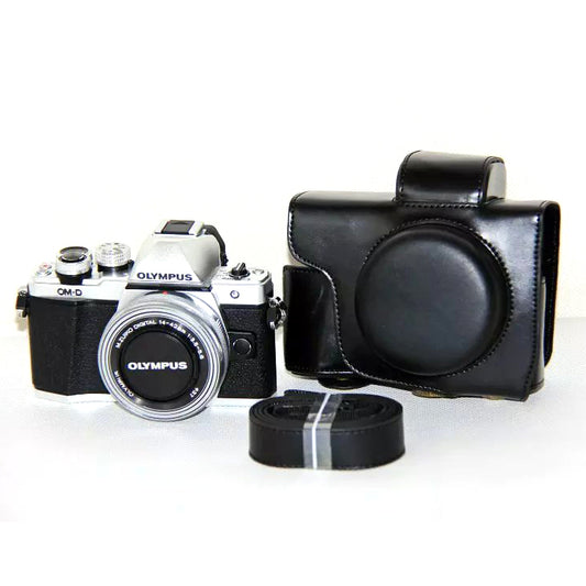 PU Leather Camera Protective Case + Strap for Olympus OM-D E-M10 Mark II / E-M10 / E-M10 MarkIII Digital Camera - Black