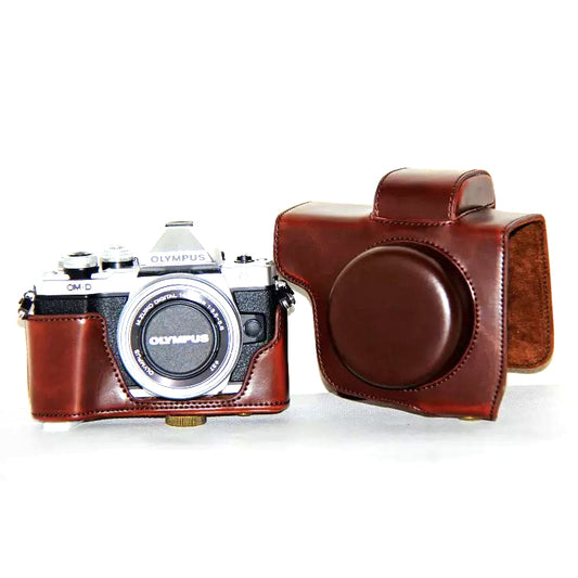 PU Leather Camera Protective Pouch + Strap for Olympus OM-D E-M10 Mark II / E-M10 / E-M10 MarkIII Digital Camera - Coffee