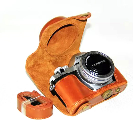 PU Leather Camera Protective Cover + Strap for Olympus OM-D E-M10 Mark II / E-M10 / E-M10 MarkIII Digital Camera - Brown