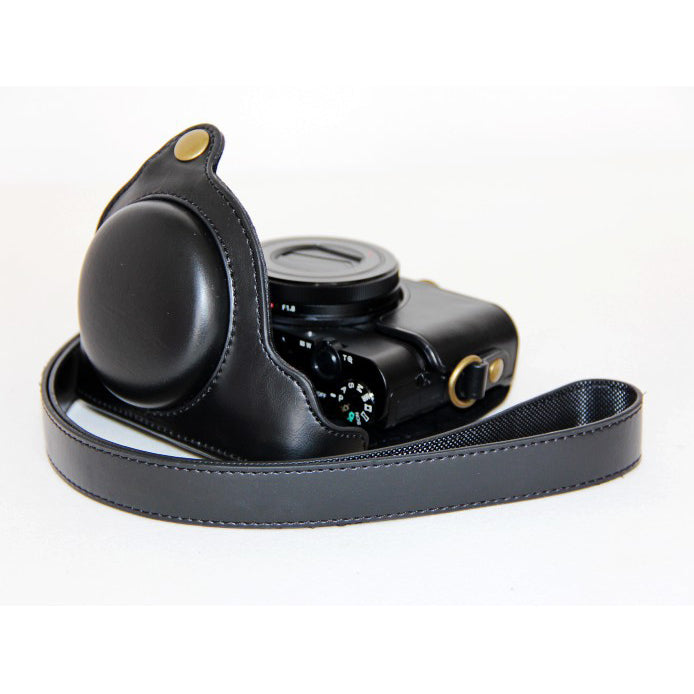 PU Leather Camera Protective Case + Strap for Sony DSC-RX100 Mark III IV M1/M2/M3/M4/M5 - Black