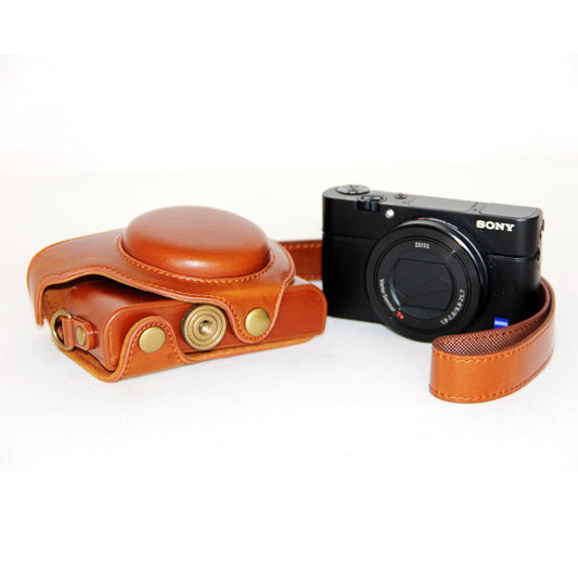PU Leather Camera Protective Pouch + Strap for Sony DSC-RX100 Mark III IV M1/M2/M3/M4/M5 - Brown