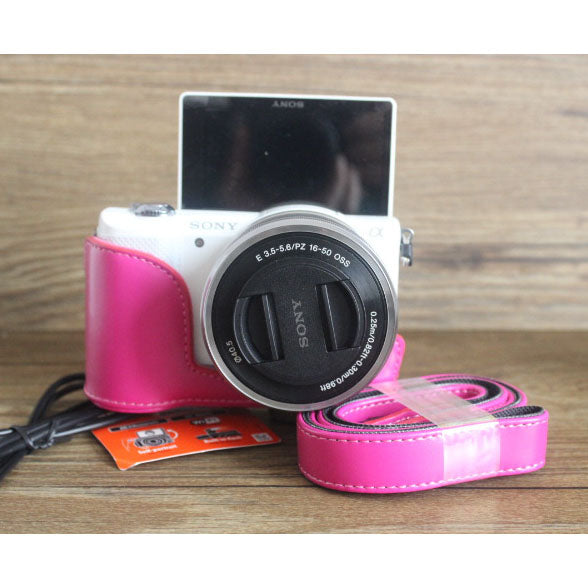 PU Leather Protective Camera Shell Case with Shoulder Strap for Sony A5000/A5100/NEX3N - Rose