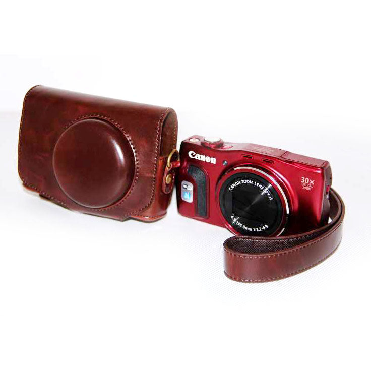 PU Leather Camera Protective Pouch + Shoulder Strap for Canon SX720/ SX700/ SX730/ SX740 HS - Coffee