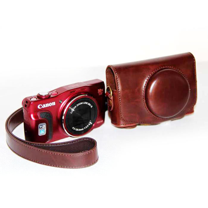PU Leather Camera Protective Pouch + Shoulder Strap for Canon SX720/ SX700/ SX730/ SX740 HS - Coffee