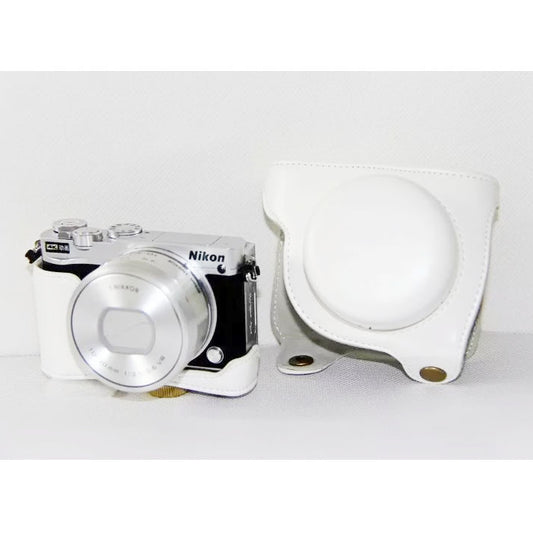 PU Leather Camera Protection Cover Case + Shoulder Strap for Nikon J5 - White