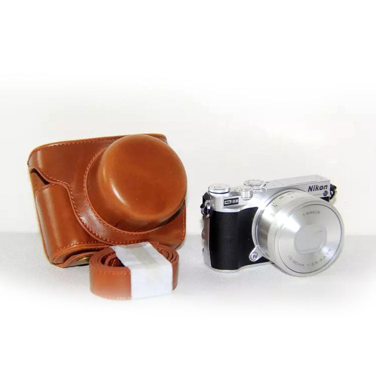 PU Leather Camera Protection Case Bag + Shoulder Strap for Nikon J5 - Brown
