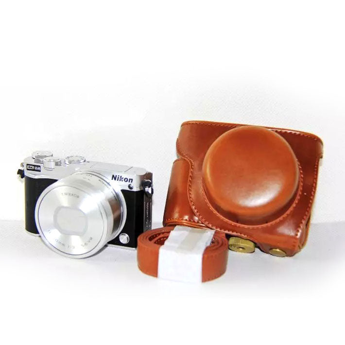 PU Leather Camera Protection Case Bag + Shoulder Strap for Nikon J5 - Brown