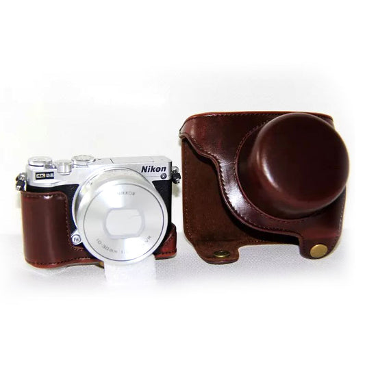 PU Leather Camera Protector Case Shell + Shoulder Strap for Nikon J5 - Coffee