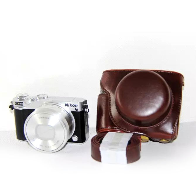 PU Leather Camera Protector Case Shell + Shoulder Strap for Nikon J5 - Coffee