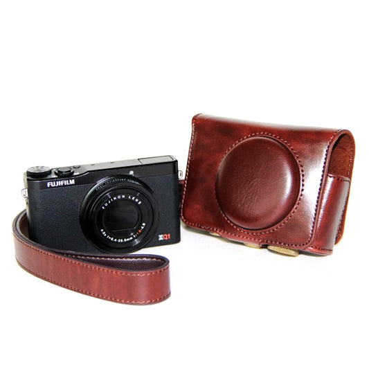 Protective Leather Camera Casing with Shoulder Strap for Fujifilm XQ1/XQ2 - Coffee