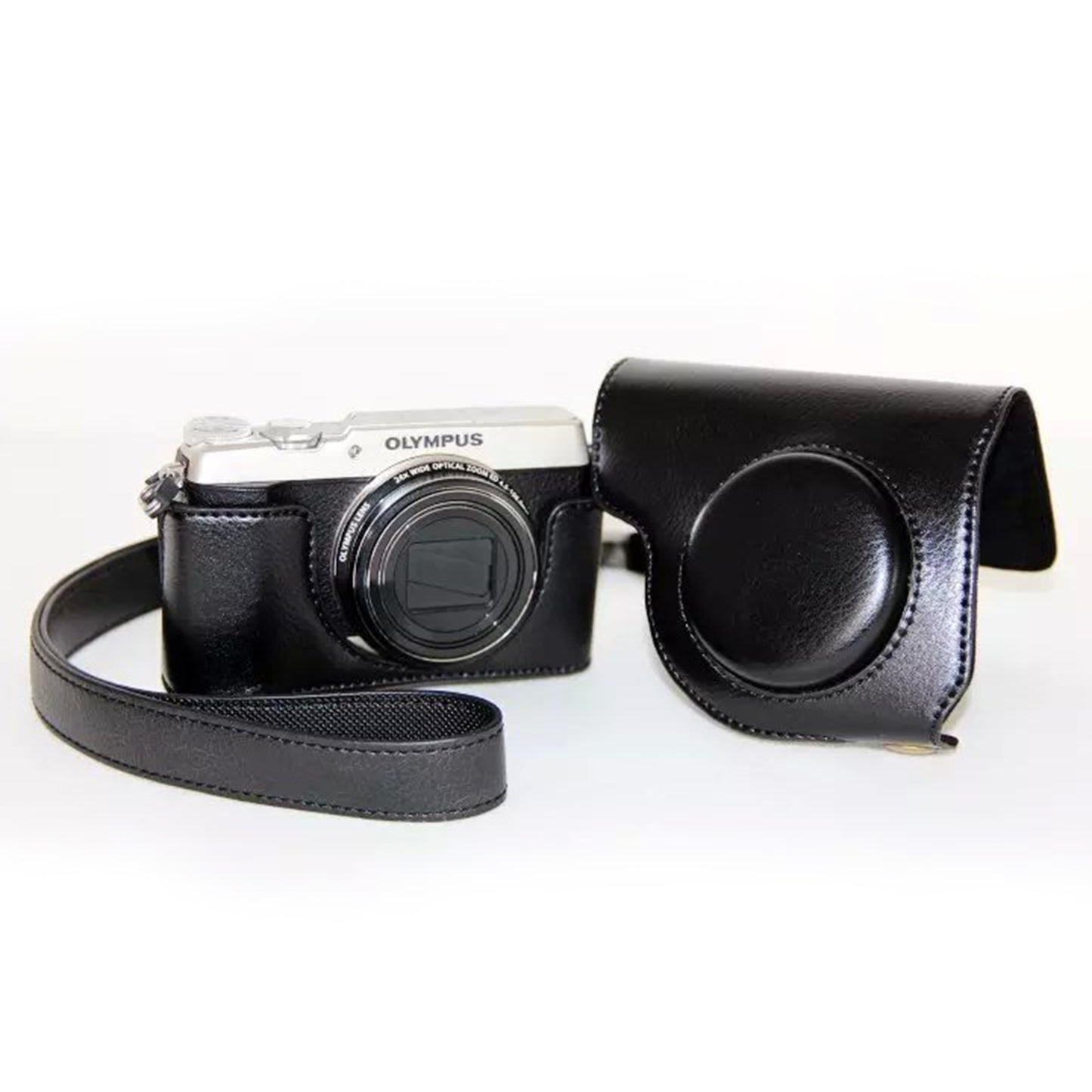 Protective Leather Camera Case with Shoulder Strap for Olympus SH-2/SH-1 - Black