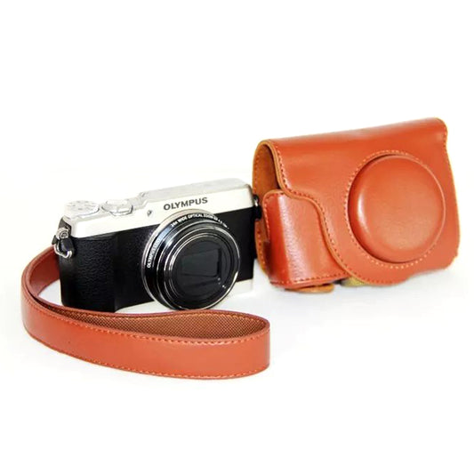 PU Leather Camera Protective Case with Shoulder Strap for Olympus SH-2/SH-1 - Brown