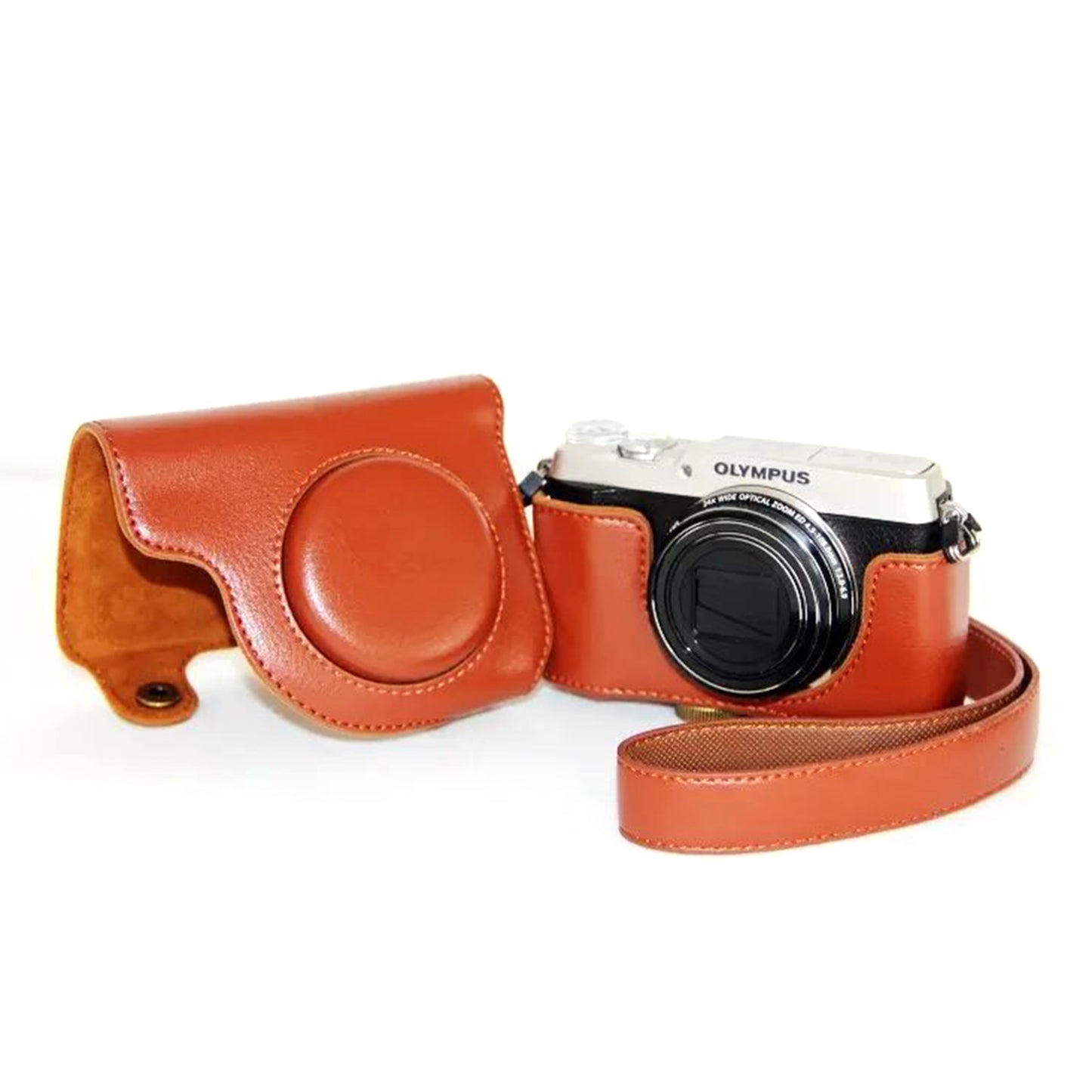 PU Leather Camera Protective Case with Shoulder Strap for Olympus SH-2/SH-1 - Brown