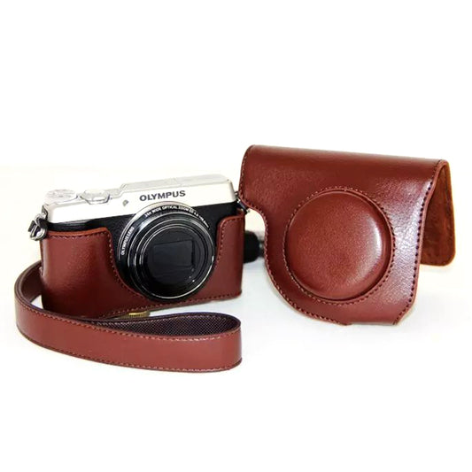 Protective Leather Camera Cover Case with Shoulder Strap for Olympus SH-2/SH-1 - Coffee