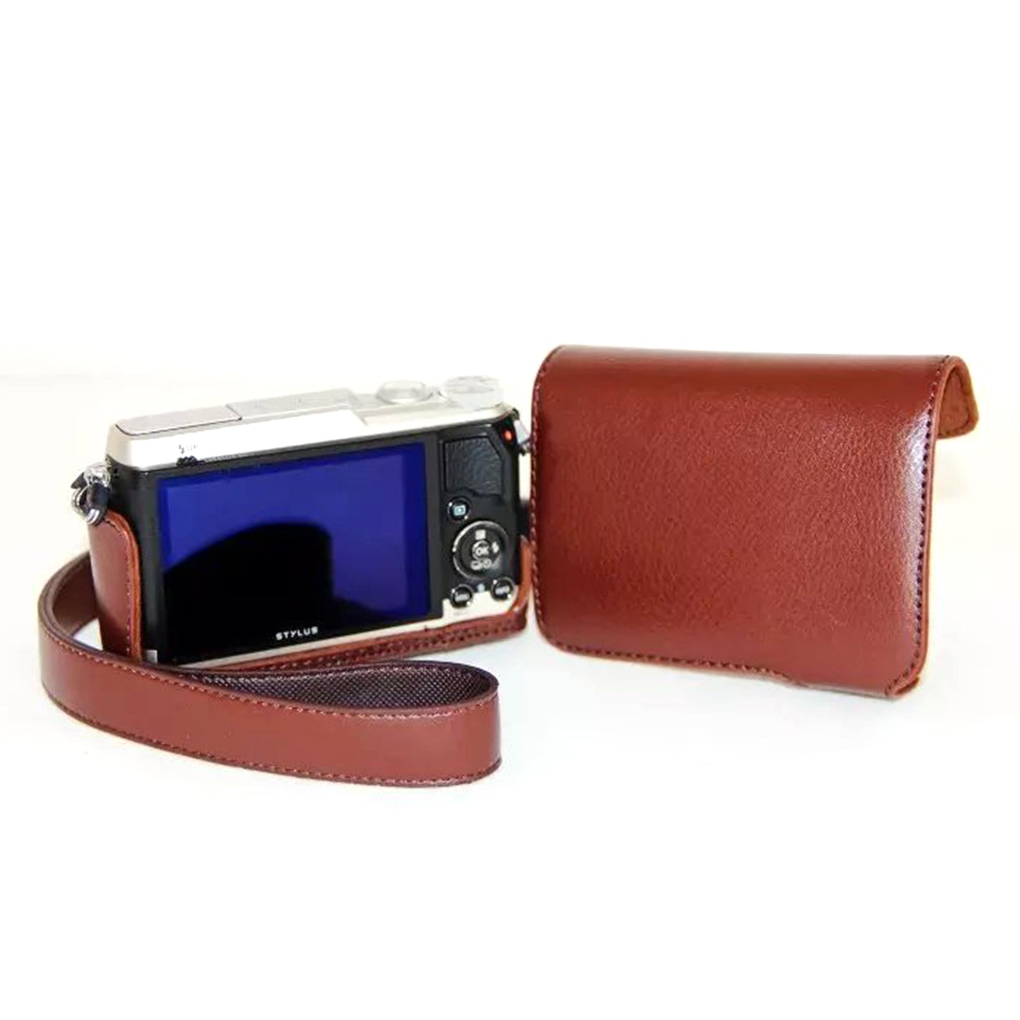 Protective Leather Camera Cover Case with Shoulder Strap for Olympus SH-2/SH-1 - Coffee