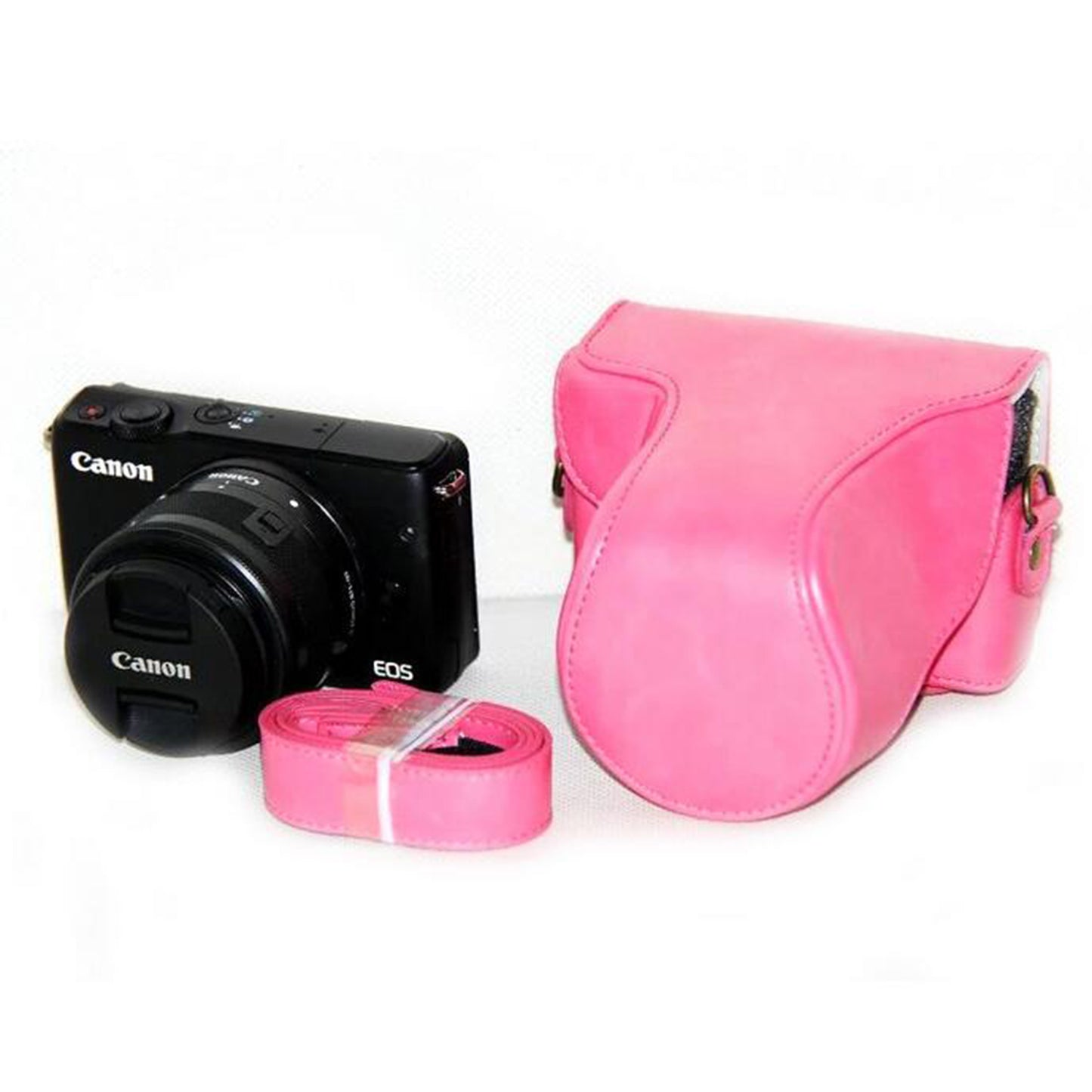 PU Leather Camera Case + Strap for Canon EOSM/EOSM2/EOSM 10 with 15-45mm Lens - Pink