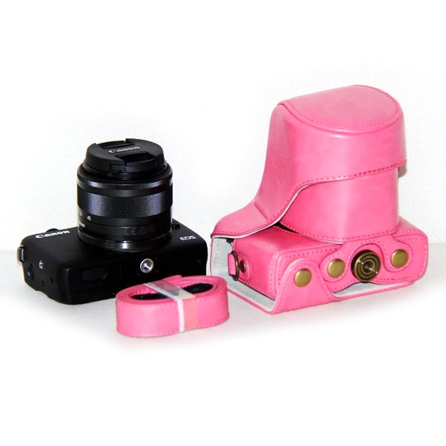 PU Leather Camera Case + Strap for Canon EOSM/EOSM2/EOSM 10 with 15-45mm Lens - Pink