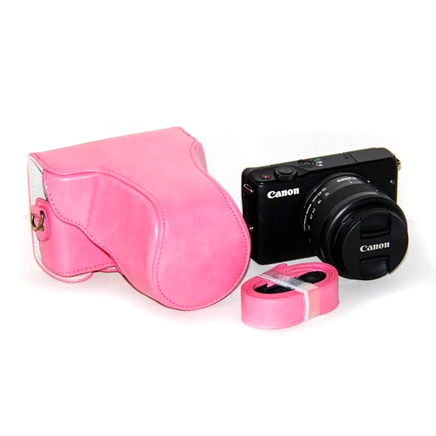 PU Leather Camera Case + Strap for Canon EOSM/EOSM2/EOSM 10 with 15-45mm Lens - Pink