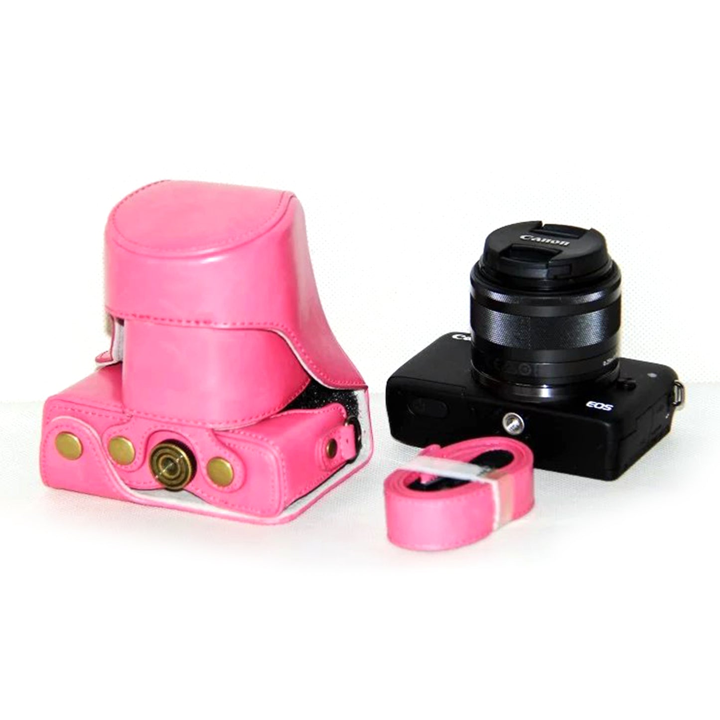 PU Leather Camera Case + Strap for Canon EOSM/EOSM2/EOSM 10 with 15-45mm Lens - Pink