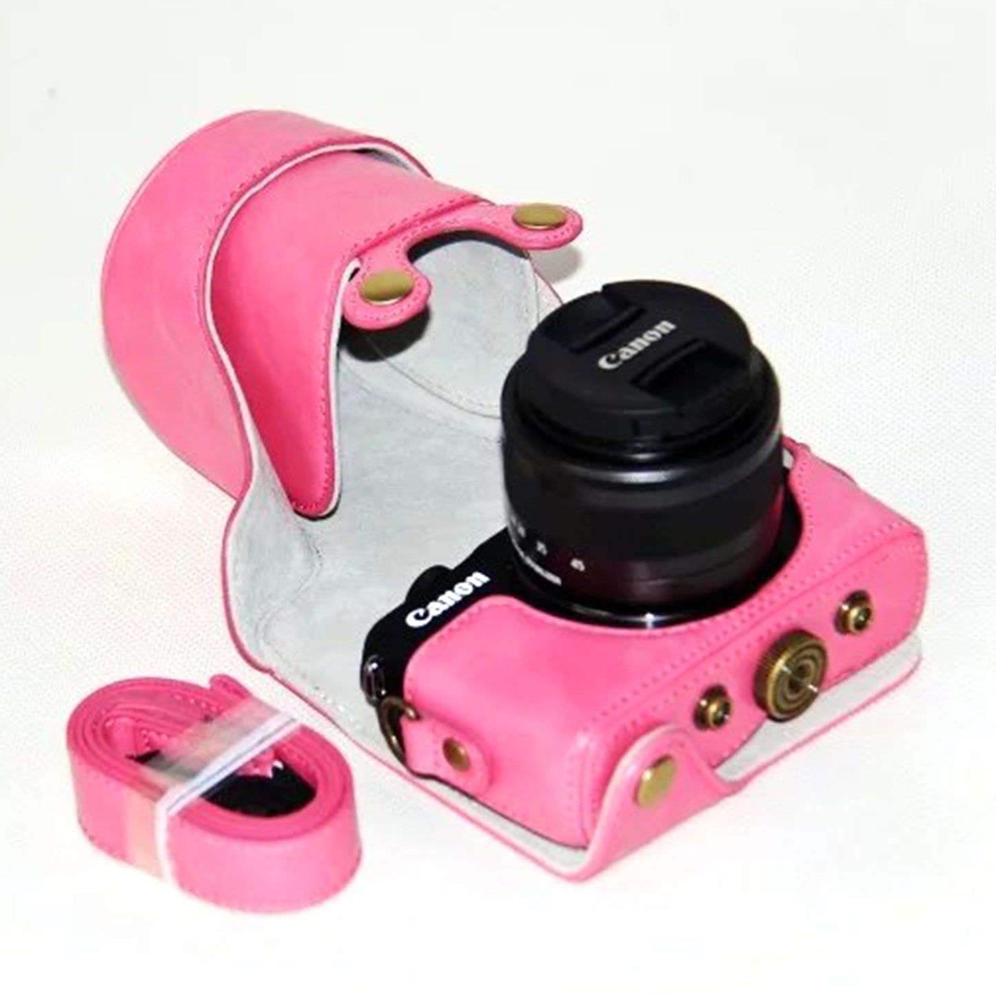 PU Leather Camera Case + Strap for Canon EOSM/EOSM2/EOSM 10 with 15-45mm Lens - Pink