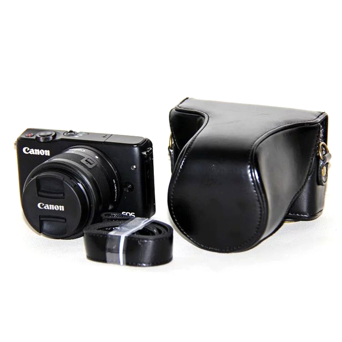 PU Leather Camera Cover + Strap for Canon EOSM/EOSM2/EOSM 10 with 15-45mm Lens - Black