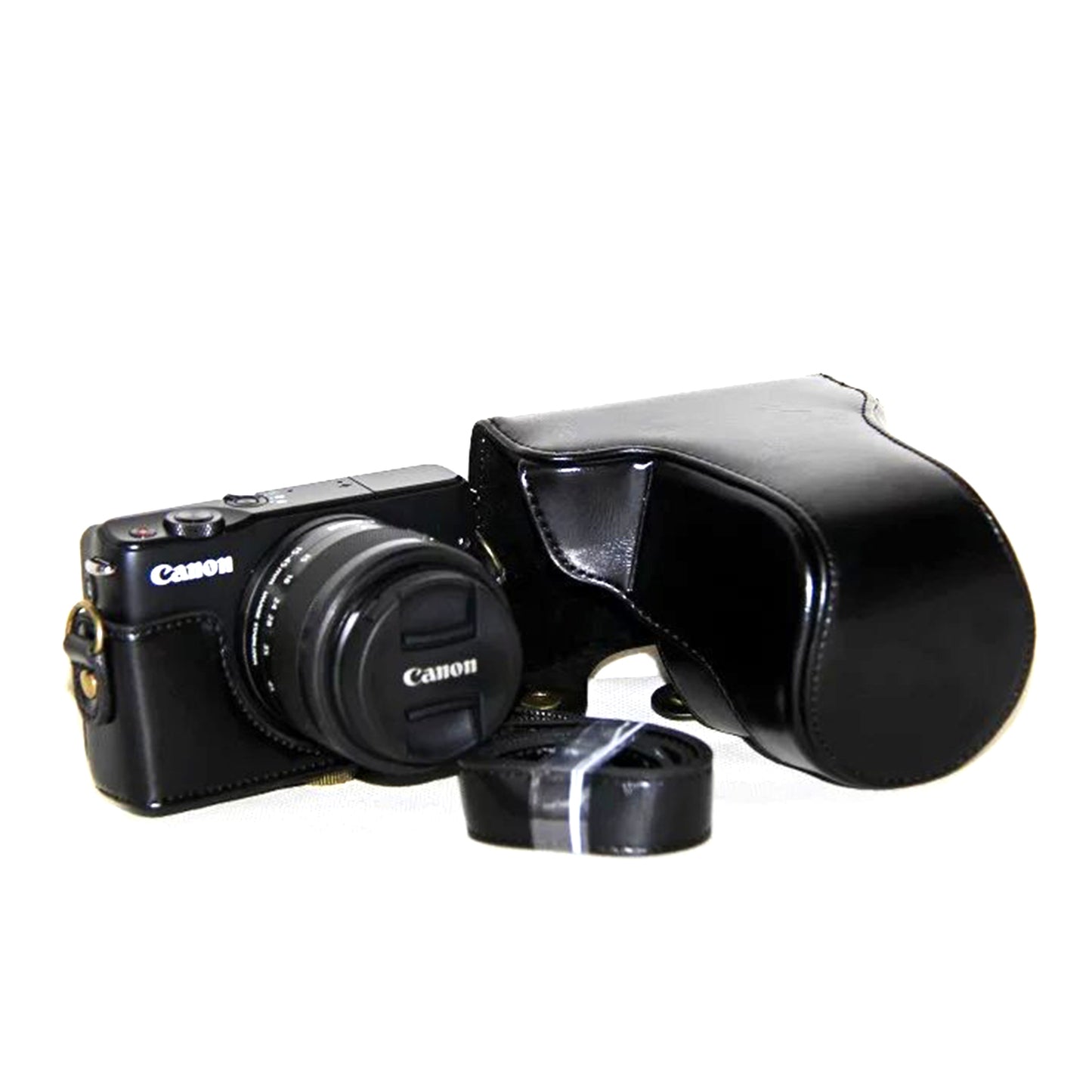 PU Leather Camera Cover + Strap for Canon EOSM/EOSM2/EOSM 10 with 15-45mm Lens - Black