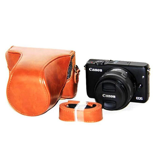 PU Leather Camera Protective Case + Strap for Canon EOSM/EOSM2/EOSM 10 with 15-45mm Lens - Brown