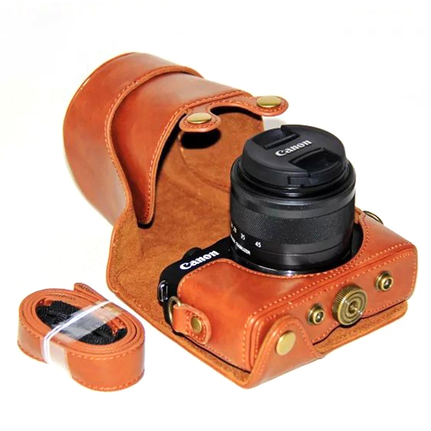 PU Leather Camera Protective Case + Strap for Canon EOSM/EOSM2/EOSM 10 with 15-45mm Lens - Brown
