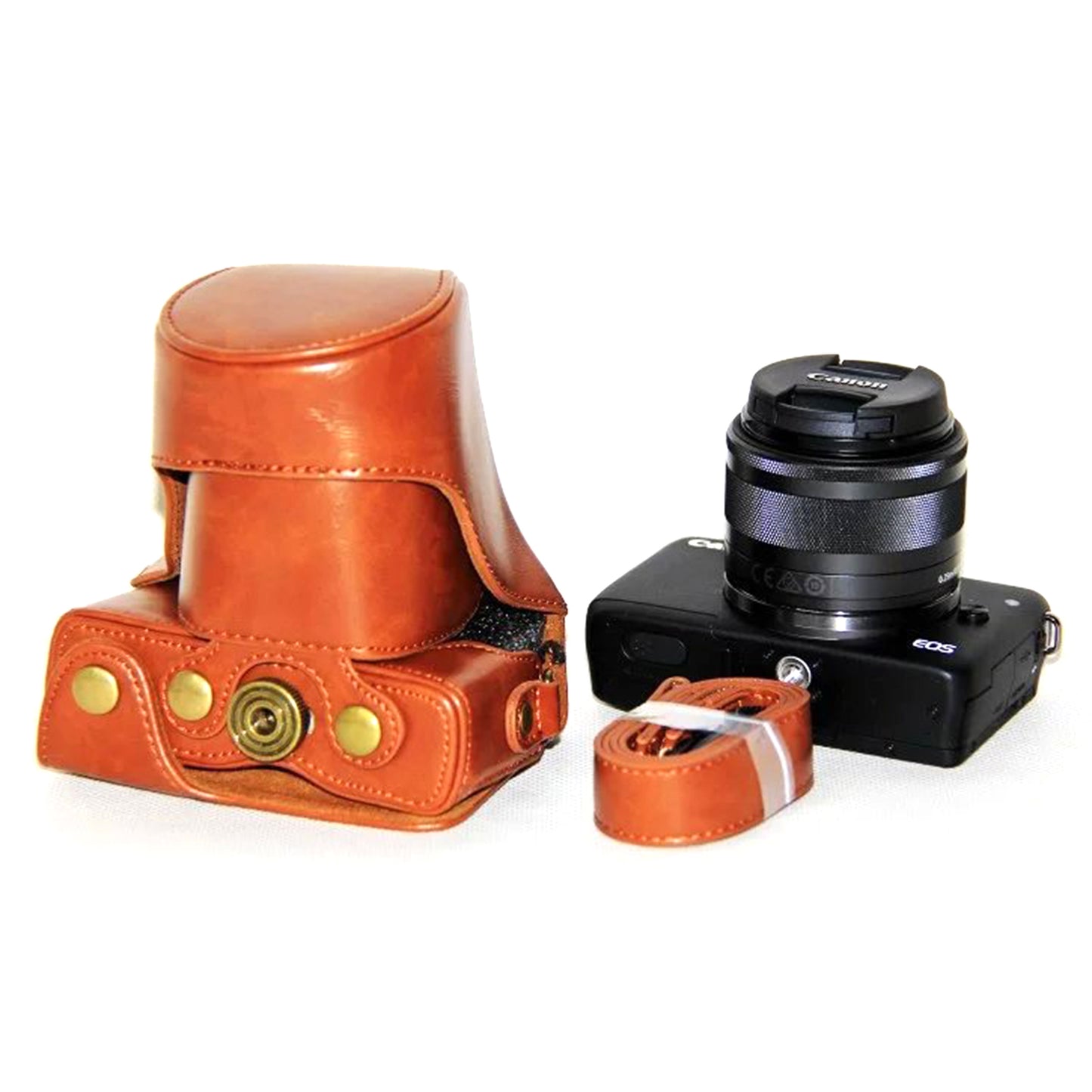 PU Leather Camera Protective Case + Strap for Canon EOSM/EOSM2/EOSM 10 with 15-45mm Lens - Brown