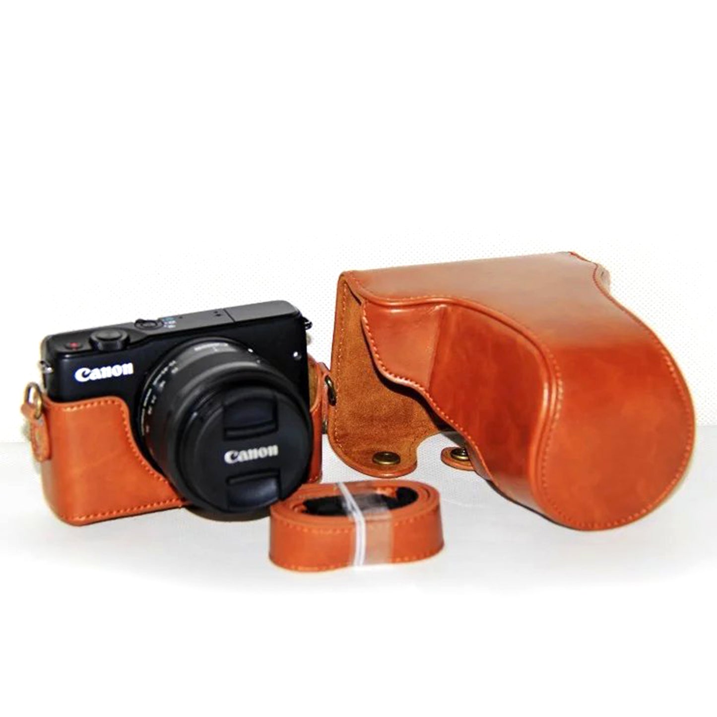 PU Leather Camera Protective Case + Strap for Canon EOSM/EOSM2/EOSM 10 with 15-45mm Lens - Brown