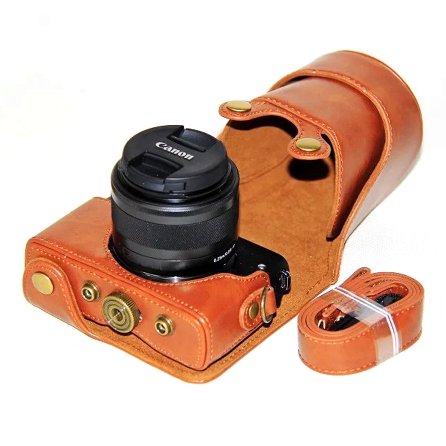 PU Leather Camera Protective Case + Strap for Canon EOSM/EOSM2/EOSM 10 with 15-45mm Lens - Brown