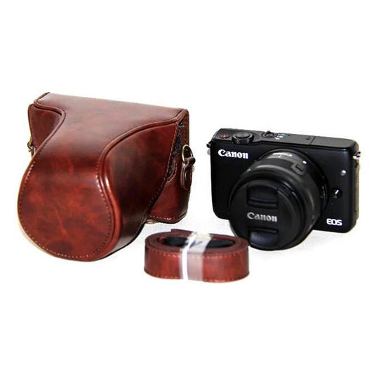 PU Leather Camera Protective Cover + Strap for Canon EOSM/EOSM2/EOSM 10 with 15-45mm Lens - Coffee