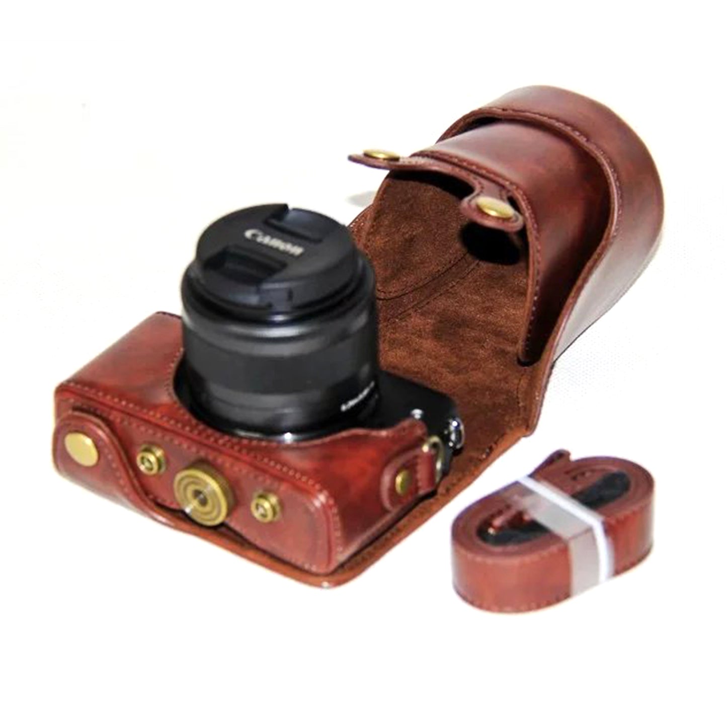 PU Leather Camera Protective Cover + Strap for Canon EOSM/EOSM2/EOSM 10 with 15-45mm Lens - Coffee