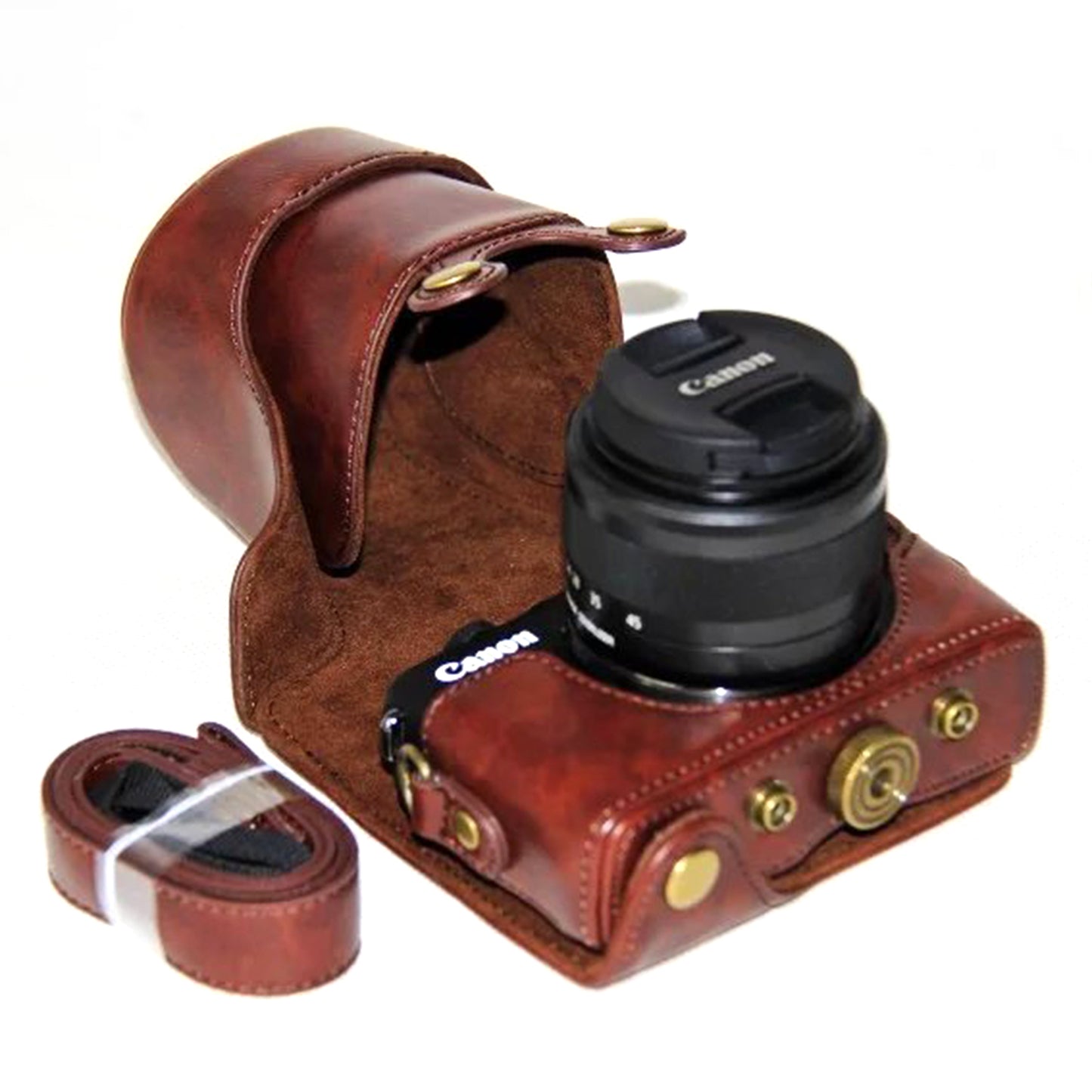 PU Leather Camera Protective Cover + Strap for Canon EOSM/EOSM2/EOSM 10 with 15-45mm Lens - Coffee